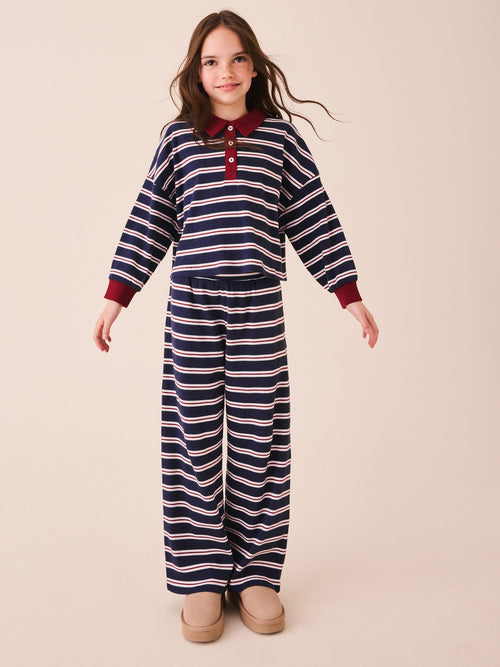 Navy/Red Rugby Top And Wide Leg Trousers Set (3-16yrs)