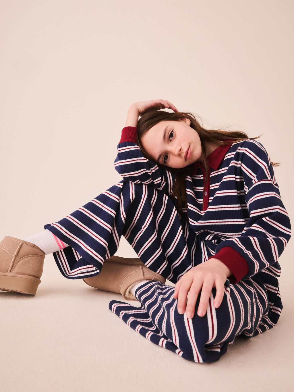 Navy/Red Rugby Top And Wide Leg Trousers Set (3-16yrs)