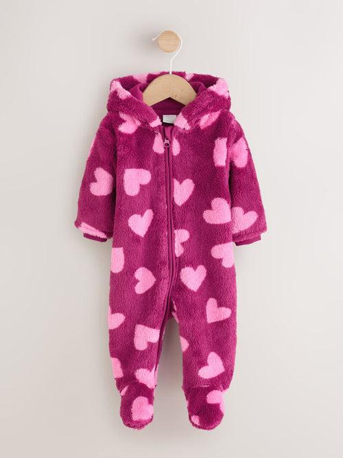 Pink Heart Printed Hooded Fleece Baby Pramsuit (0mths-2yrs)