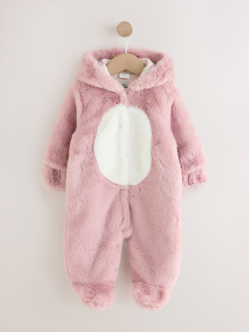Pink Embroidered Bunny Faux Fur Hooded Baby All-In-One (0mths-2yrs)