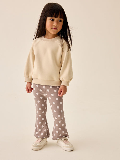 Neutral Cream Spot Printed Ribbed Flare Leggings (3mths-7yrs)