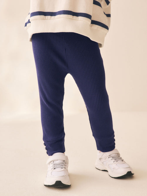 Navy Ribbed Button Cuffed Leggings (3mths-7yrs)