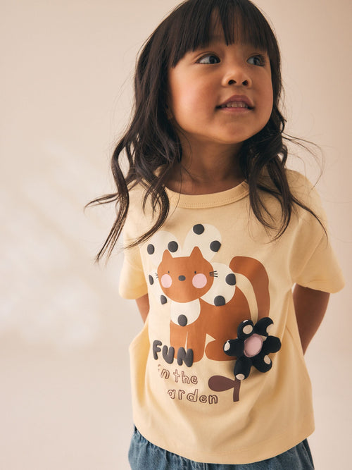 Ecru White Padded Cat Short Sleeve T-Shirt (3mths-7yrs)