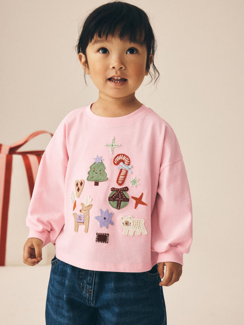 Light Pink Chistmas Applique Long Sleeve Top (3mths-7yrs)