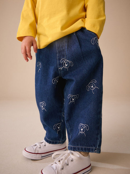 Dark Blue All Over Embroidered Wide Barrel Jeans (3mths-7yrs)