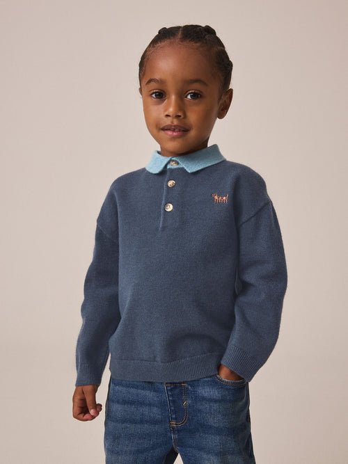 Navy Blue Contrast Collar Button Neck Knitted Polo Shirt (3mths-7yrs)
