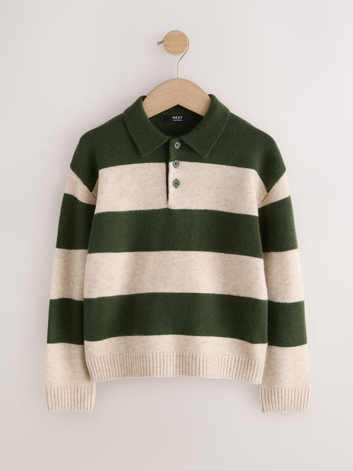Green/Ecru Stripe Knitted Rugby Polo Shirt (3-16yrs)
