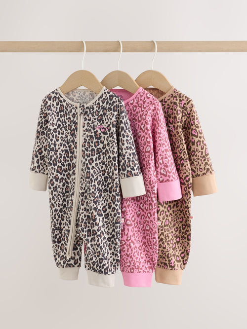 Pink Animal Print Two Way Zip Baby Sleepsuits 3 Pack (0mths-3yrs)