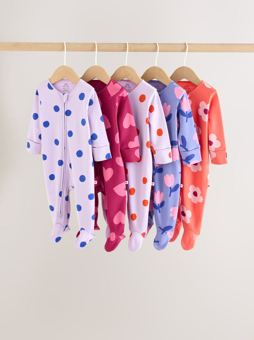 Purple/Pink Two Way Zip Baby Sleepsuits 5 Pack (0mths-2yrs)