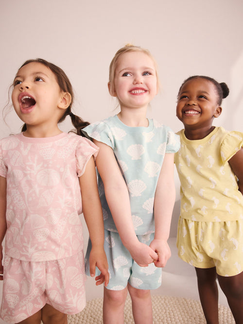 Blue/Yellow Shell Print Short Pyjamas 3 Pack (9mths-12yrs)