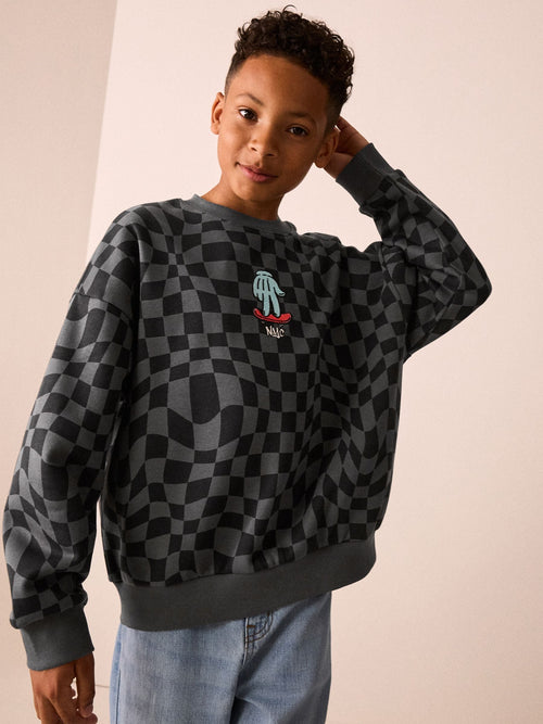 Black/Grey Oversized Fit Graphic Crew Neck Sweater (3-16yrs)