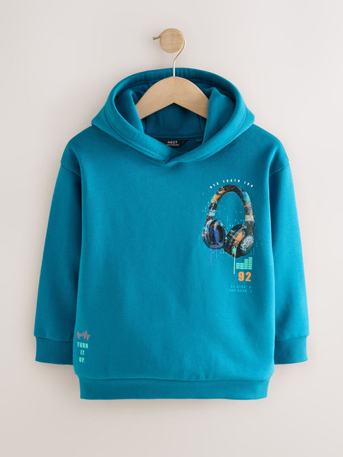 Teal Blue Headphones Regular Fit Older Graphic Print Hoodie (3-16yrs)