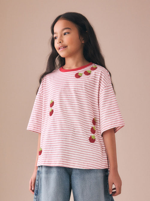 Red Stripe Beaded Tomato Oversized Boxy T-Shirt (3-16yrs)