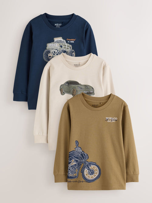 Navy/Tan/Stone Vehicles Graphic Long Sleeve Relaxed Fit T-Shirts 3 Pack (3-16yrs)