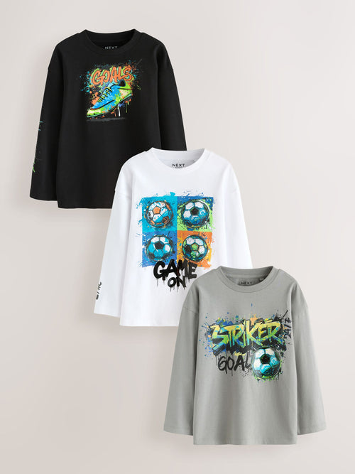 Black/Grey/White Graphic Long Sleeve Relaxed Fit T-Shirts 3 Pack (3-16yrs)