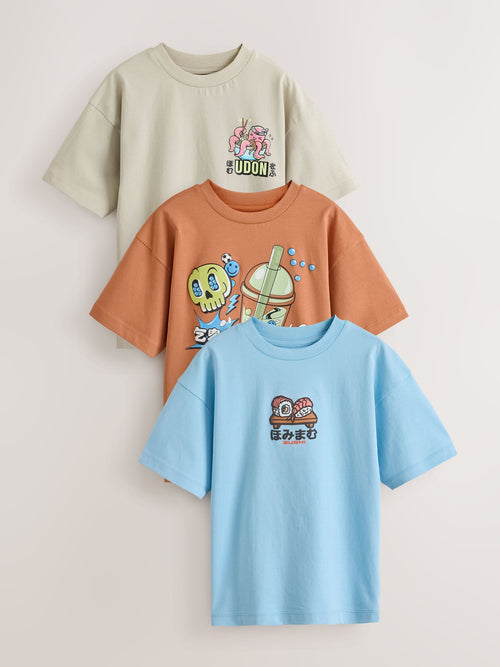Blue/Cement/Rust Relaxed Fit Graphic Print Short Sleeve T-Shirts 3 Pack (3-16yrs)