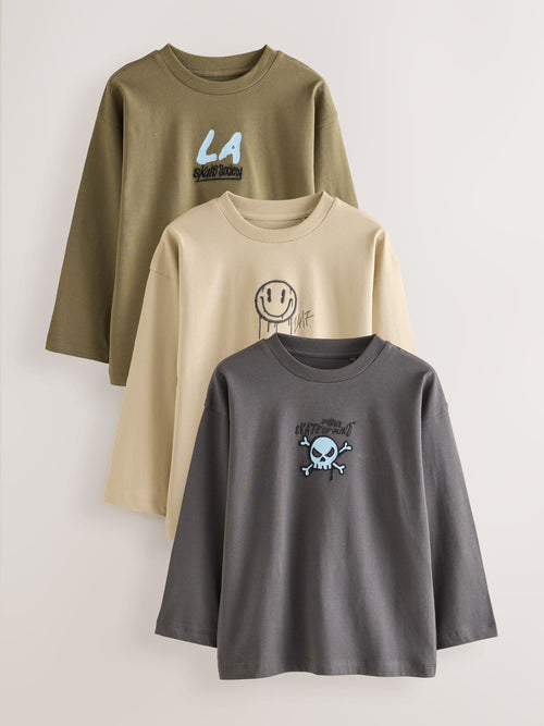 Stone/Khaki/Charcoal Graphic Long Sleeve Relaxed Fit T-Shirts 3 Pack (3-16yrs)