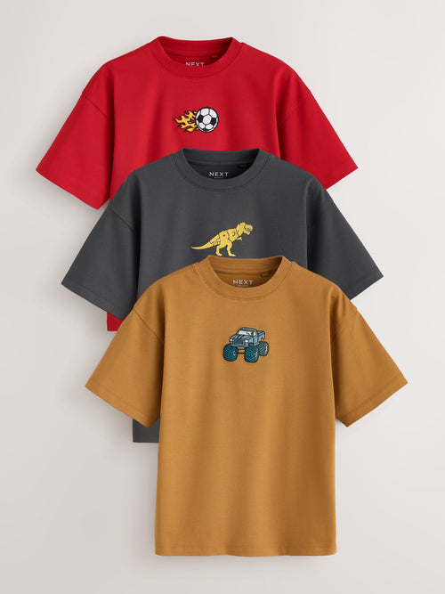 Red/Charcoal/Tan Relaxed Fit Graphic Print Short Sleeve T-Shirts 3 Pack (3-16yrs)