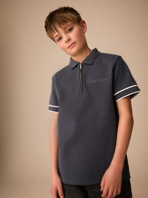 Charcoal Grey Zip Neck Short Sleeve Jersey Polo Shirt (3-16yrs)