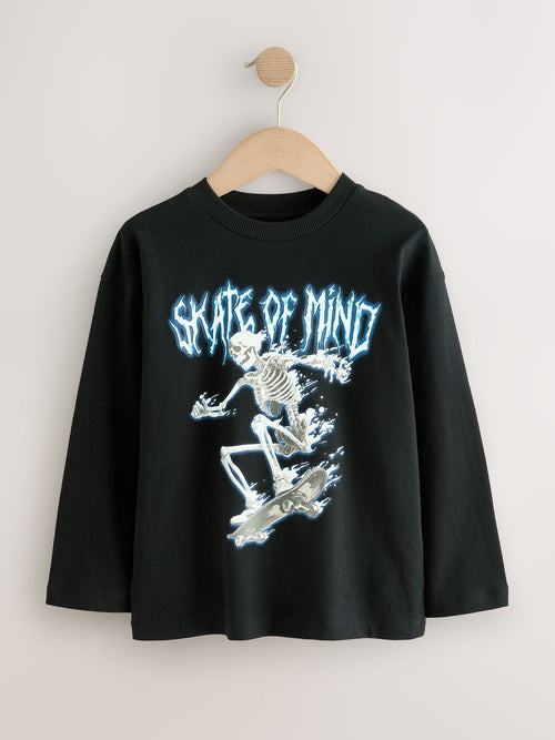 Black Skeleton Relaxed Fit Graphic Long Sleeve Cotton T-Shirt (3-16yrs)