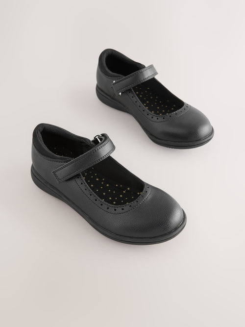 Black Matt Standard Fit (F) School Brogue Detail Mary Jane Shoes
