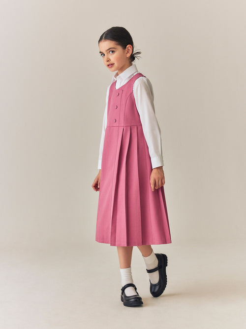 Pink Asymmetric Button Front Long Pinafore School Dress (3-14yrs)