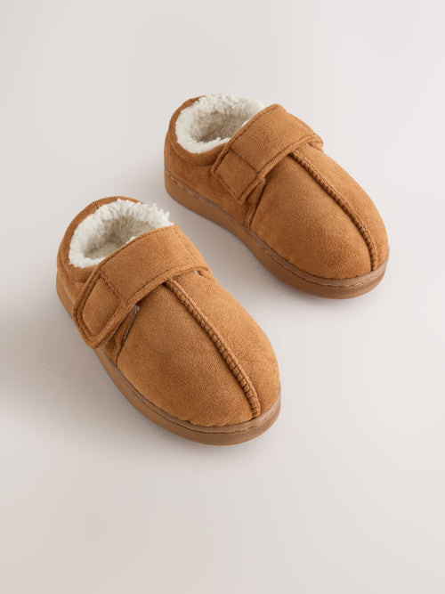 Tan Brown Warm Lined Touch Fastening Cupsole Slippers