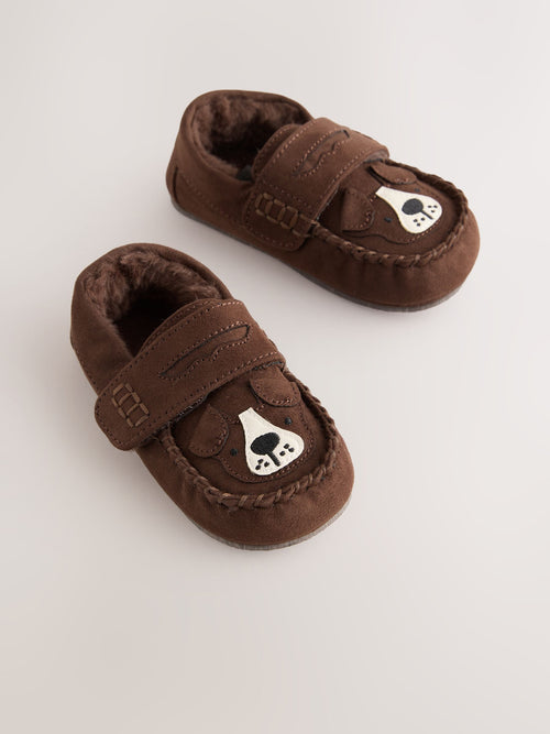 Brown Dog Touch Fastening Moccasin Slippers
