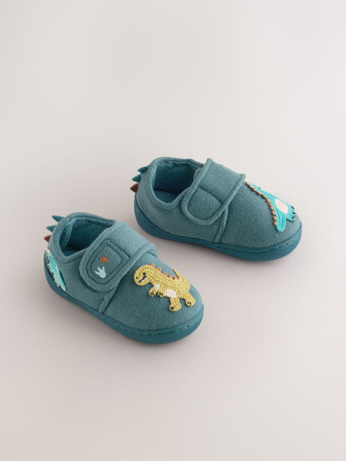 Teal Dino Touch Fastening Cupsole Slippers