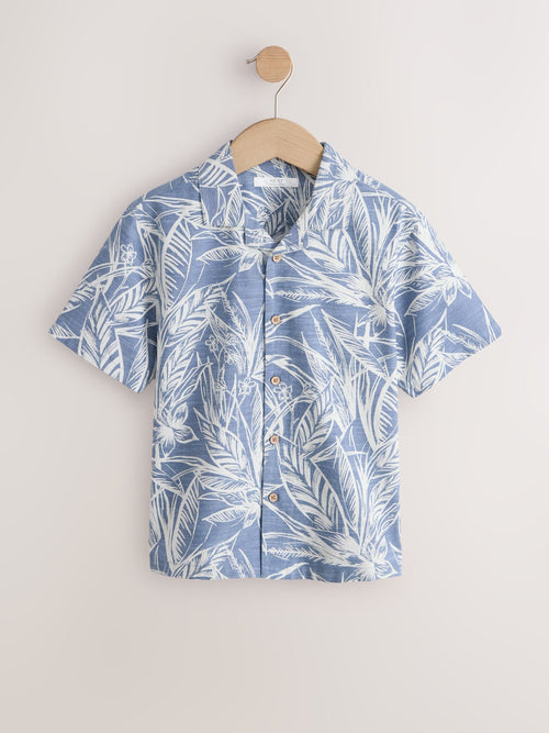 Blue All Over Print Leaf Short Sleeve Revere Collar Shirt (3-16yrs)