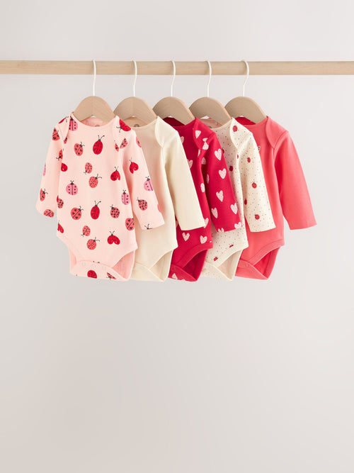 Red Ladybird Long Sleeve Baby Bodysuits 5 Pack