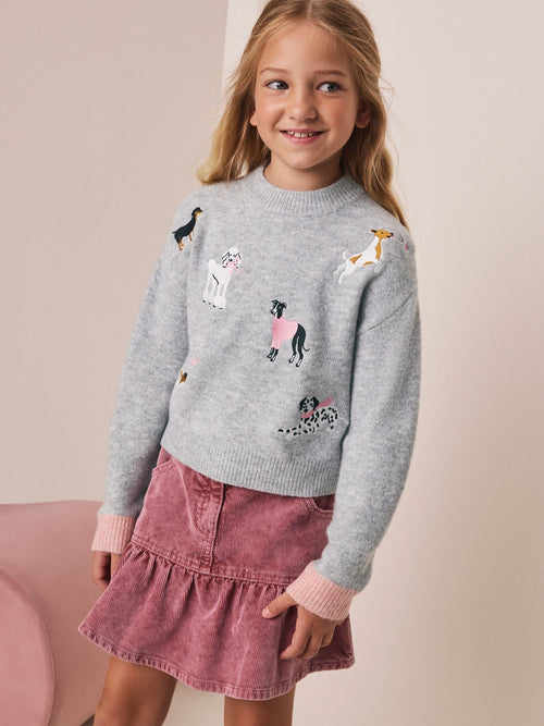 Grey Dog Embroidered Knitted Jumper (3-16yrs)