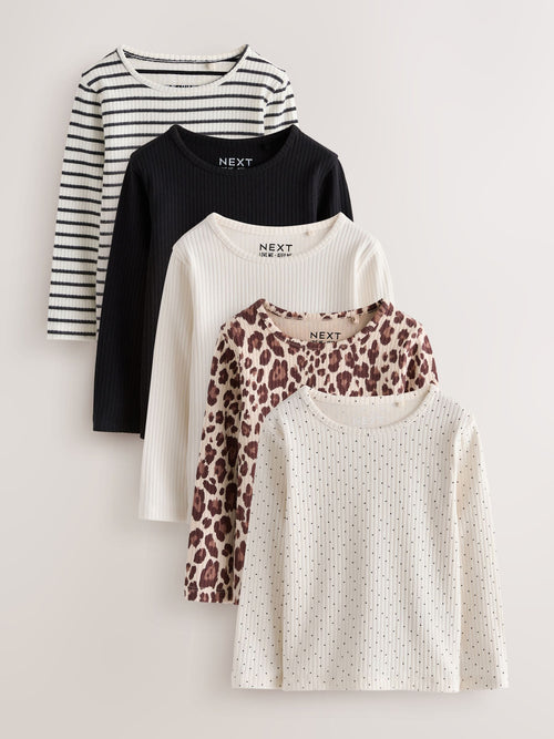 Black Mono Long Sleeve Ribbed Tops 5 Pack (3mths-7yrs)
