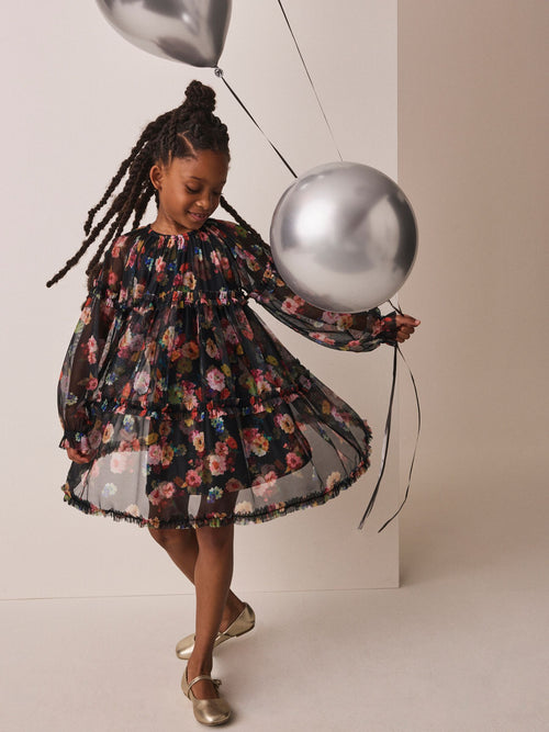 Black Floral Long Sleeve Mesh Dress (3-16yrs)