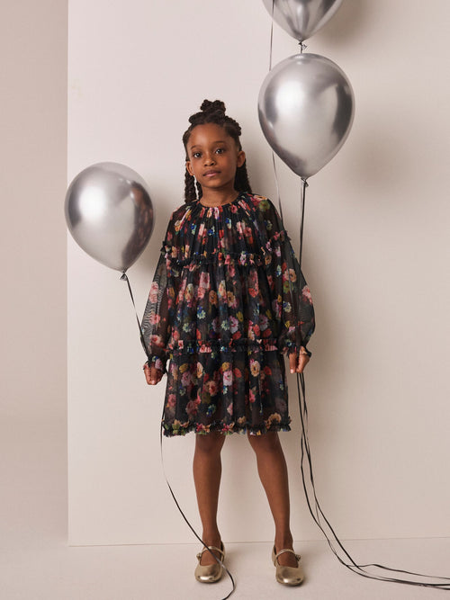 Black Floral Long Sleeve Mesh Dress (3-16yrs)