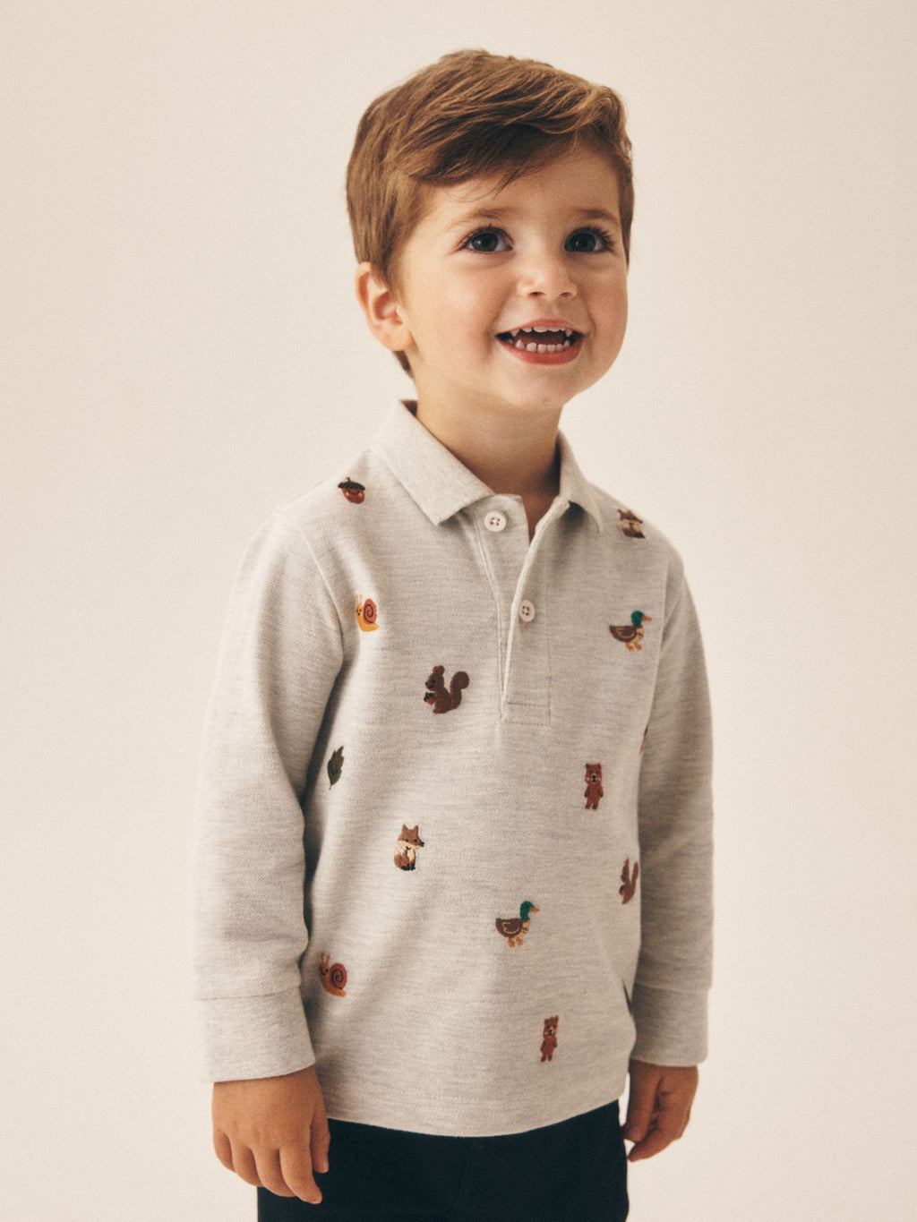 Light Grey Woodland Long Sleeve Embroidered Polo Shirt (3mths-7yrs)