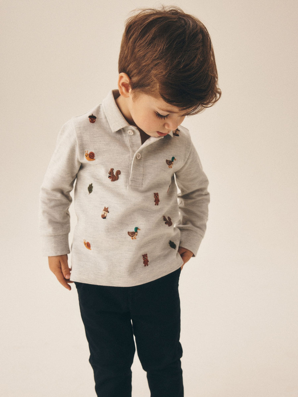 Light Grey Woodland Long Sleeve Embroidered Polo Shirt (3mths-7yrs)