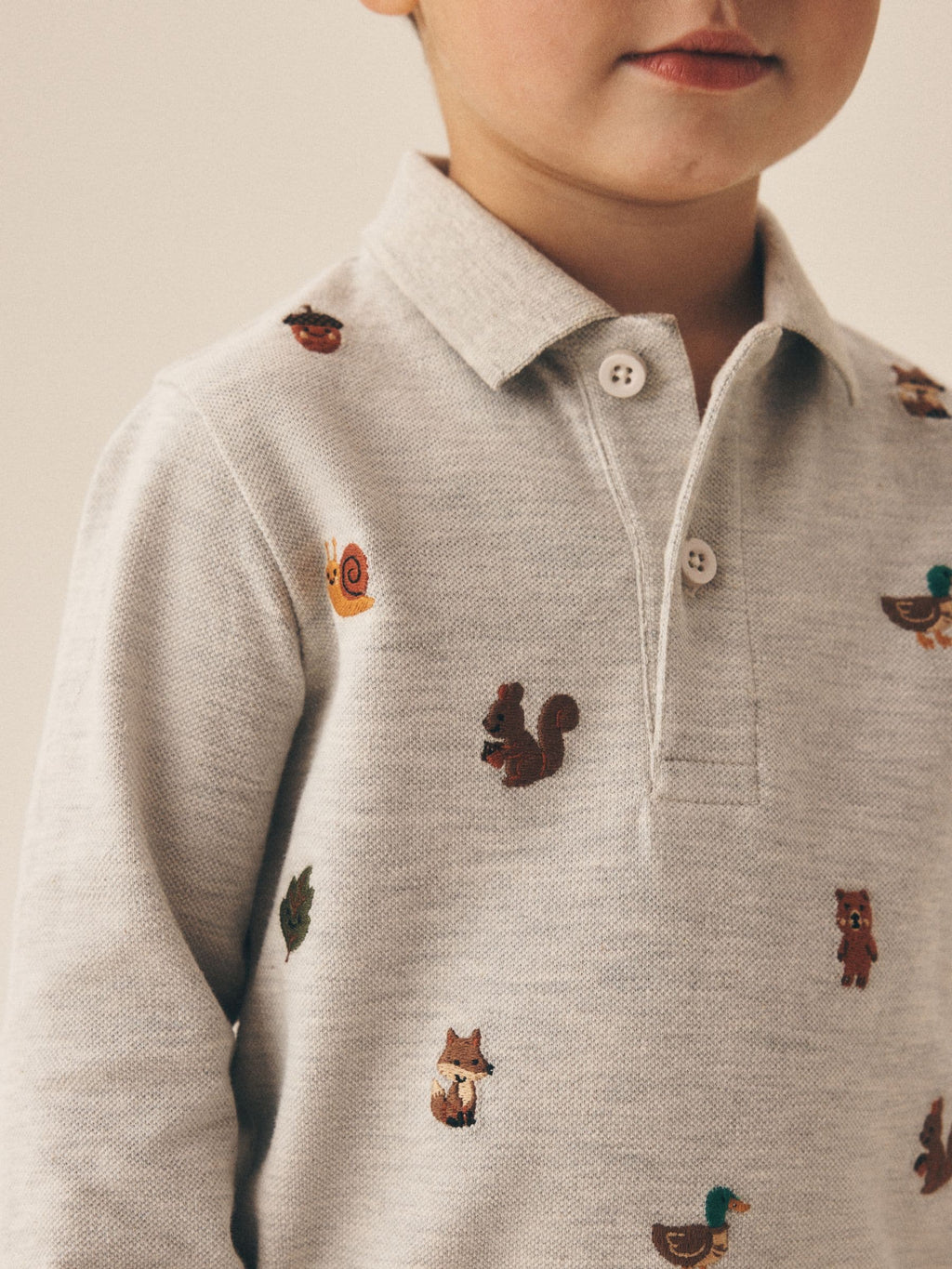 Light Grey Woodland Long Sleeve Embroidered Polo Shirt (3mths-7yrs)