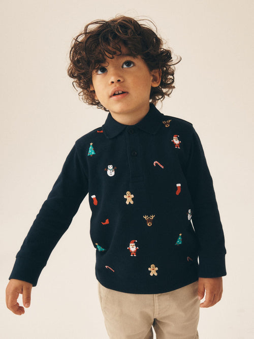 Navy Long Sleeve Christmas Embroidered Polo Shirt (3mths-7yrs)