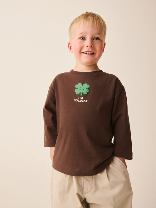 Brown I'm So Lucky Four Leaf Clover Long Sleeve Small Graphic Printed T-Shirt (3mths-7yrs)