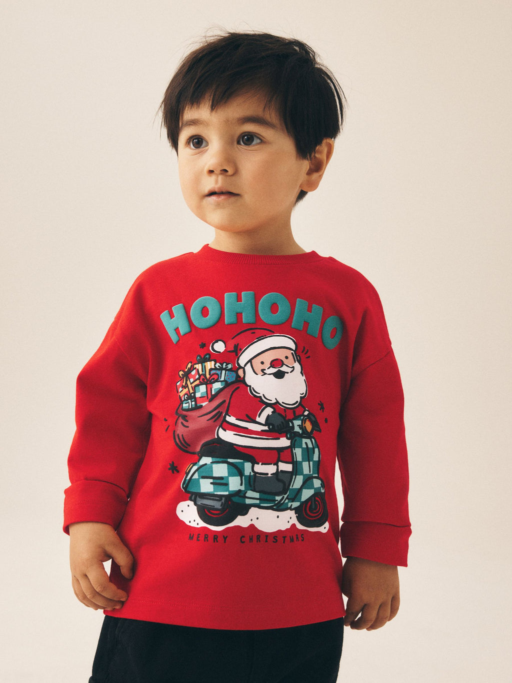 Red Santa Moped Long Sleeve Christmas T-Shirt (3mths-7yrs)