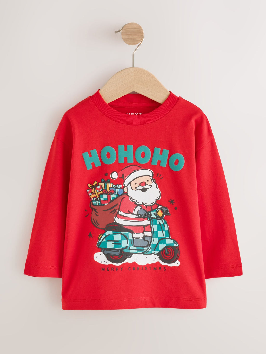 Red Santa Moped Long Sleeve Christmas T-Shirt (3mths-7yrs)