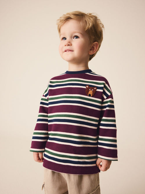 Berry/Navy Textured Long Sleeve Stripe T-Shirt (3mths-7yrs)