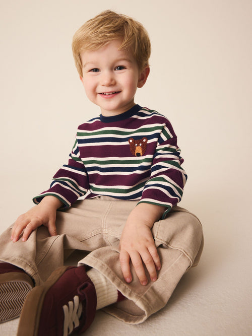 Berry/Navy Textured Long Sleeve Stripe T-Shirt (3mths-7yrs)