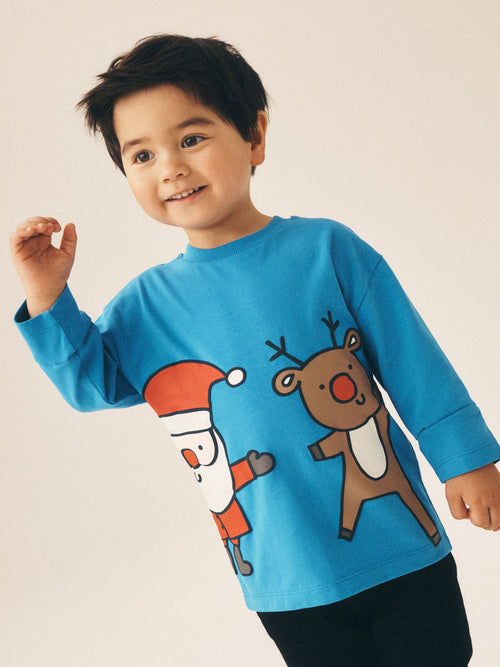 Blue Santa & Rudolph Long Sleeve Christmas T-Shirt (3mths-7yrs)