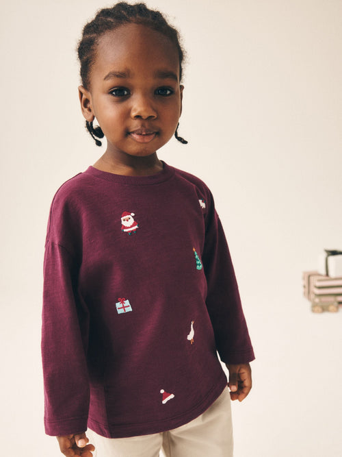 Berry Red All over Embroidered Long Sleeve Christmas T-Shirt (3mths-7yrs)