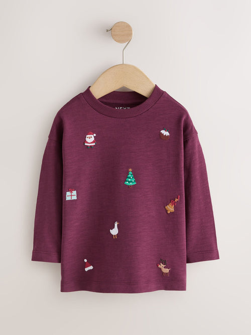 Berry Red All over Embroidered Long Sleeve Christmas T-Shirt (3mths-7yrs)