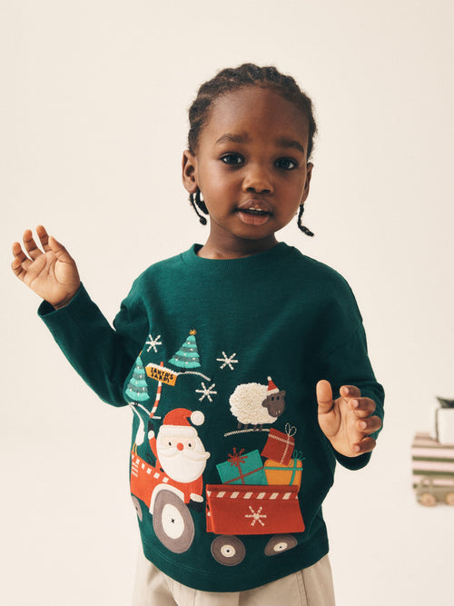 Dark Green Santa Interactive Tractor Long Sleeve Christmas T-Shirt (3mths-7yrs)