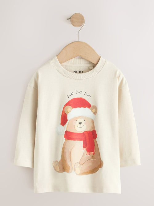 Cream Bear with Santa Hat Long Sleeve Christmas T-Shirt (3mths-7yrs)