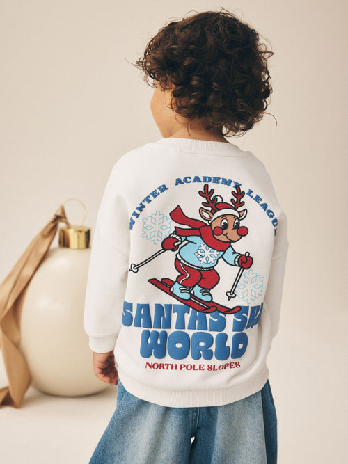 Ecru White Reindeer Christmas Crew Neck Sweat Top (3mths-7yrs)